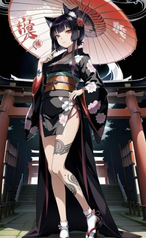 Japanese Nekomata Tattoo Design in Anime Style