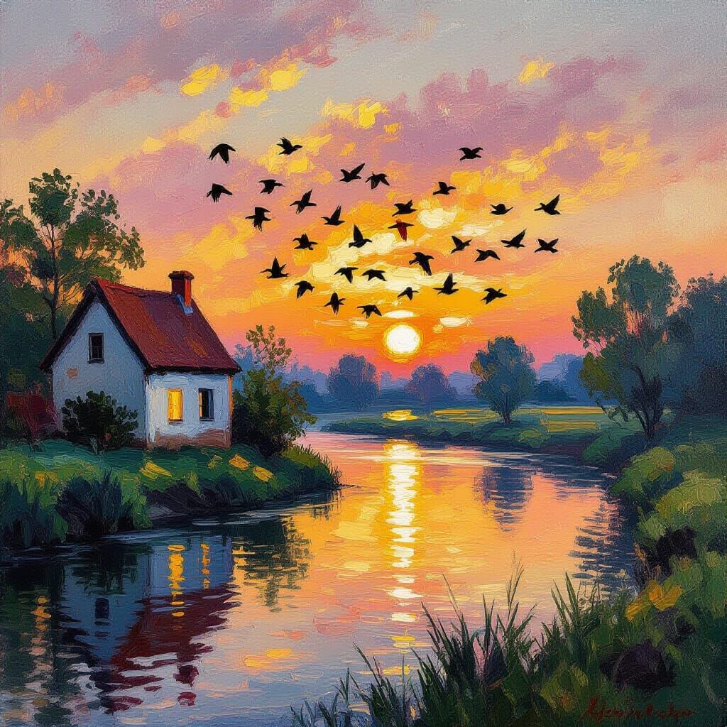Colorful Birds in Sunset Over River House, Impressionistic O...
