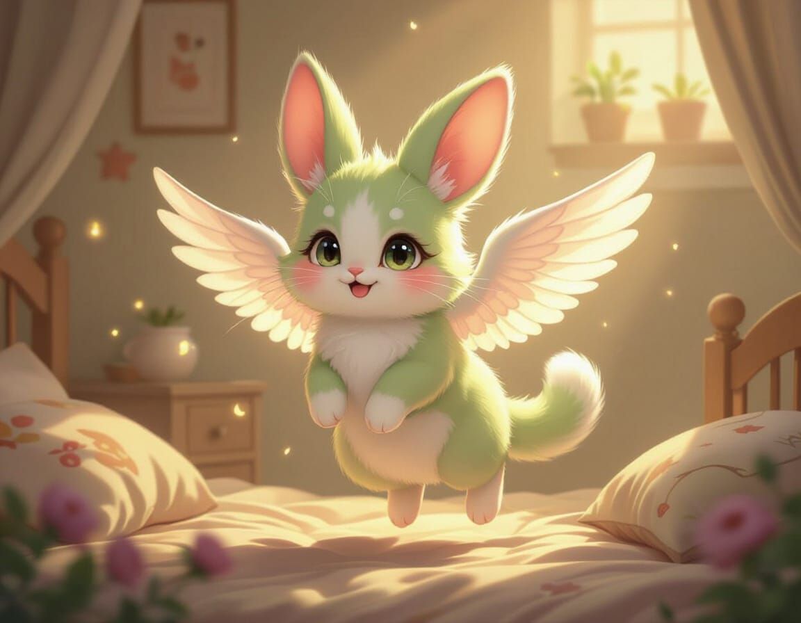Cute Cat-Rabbit Creature Floating in Dreamlike Bedroom