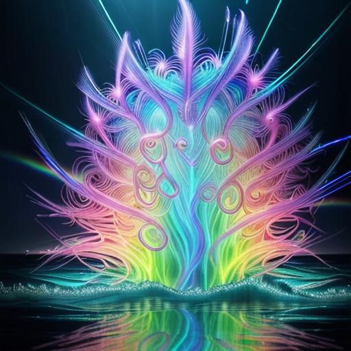 Bioluminescent Rainbow Amoeba Floating Under the Waves