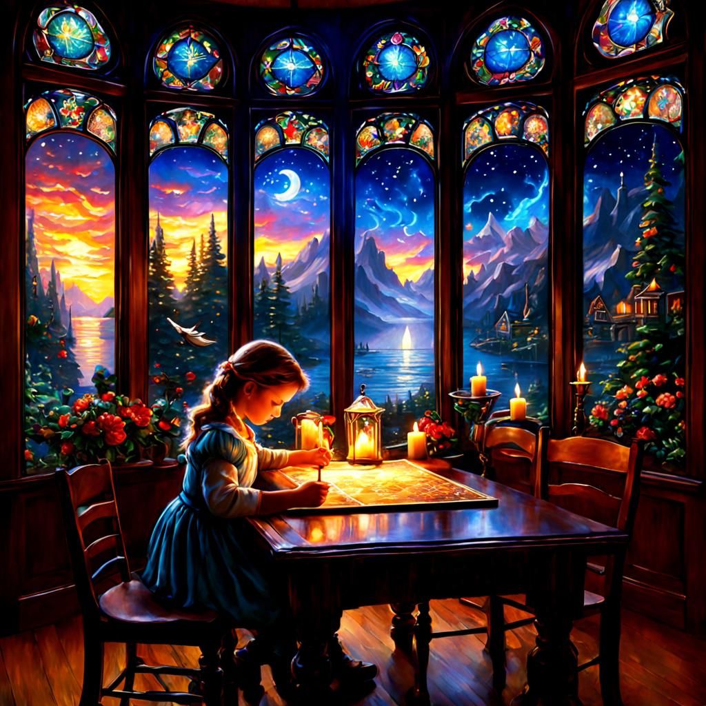 Little Girl Designs Stained Glass in Ethereal Sunset