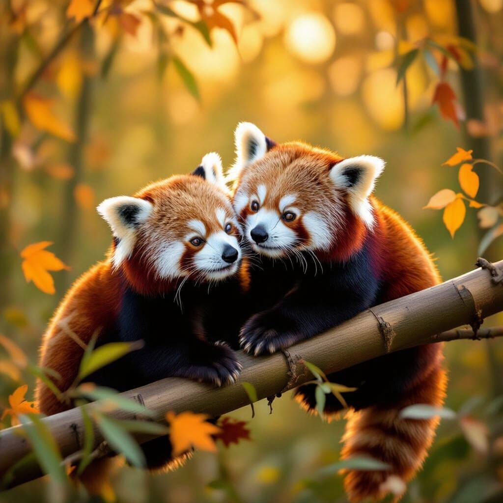 Red Pandas Nuzzle in Golden Hour Bamboo Forest