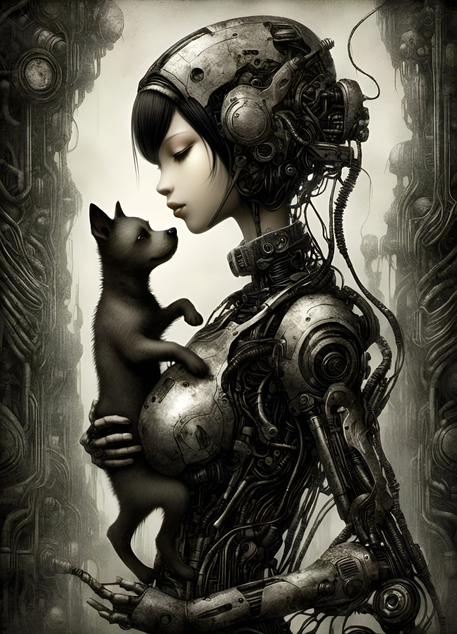 Robot Girl Hugging Robot Dog in Manga Style