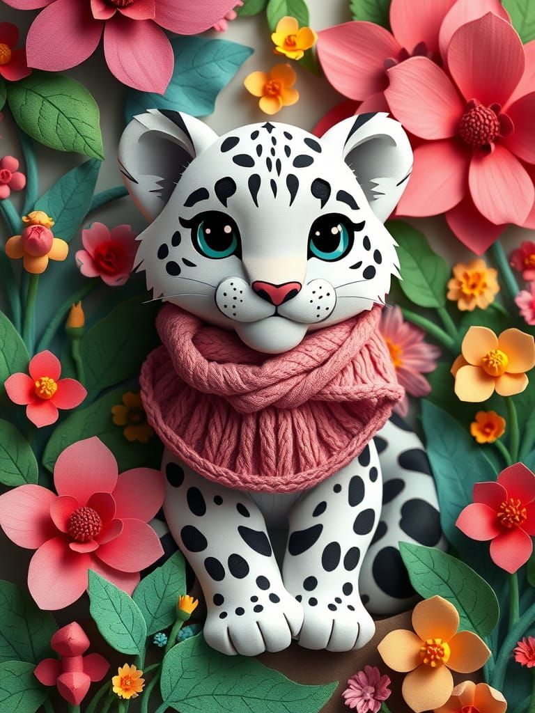 Cute Baby Snow Leopard with Paper Flowers in 3D