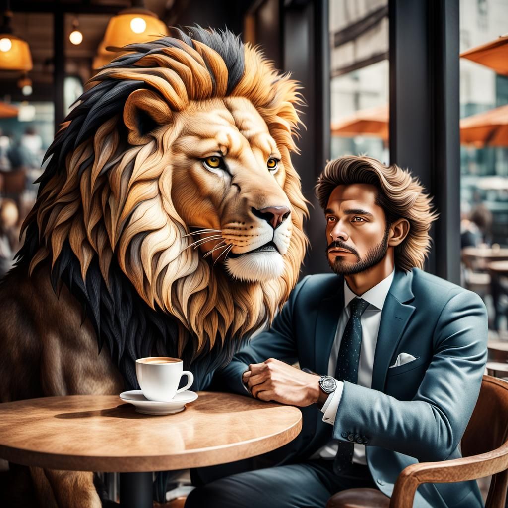 Lion-Headed Businessman in Cafe: Photorealistic Portrait