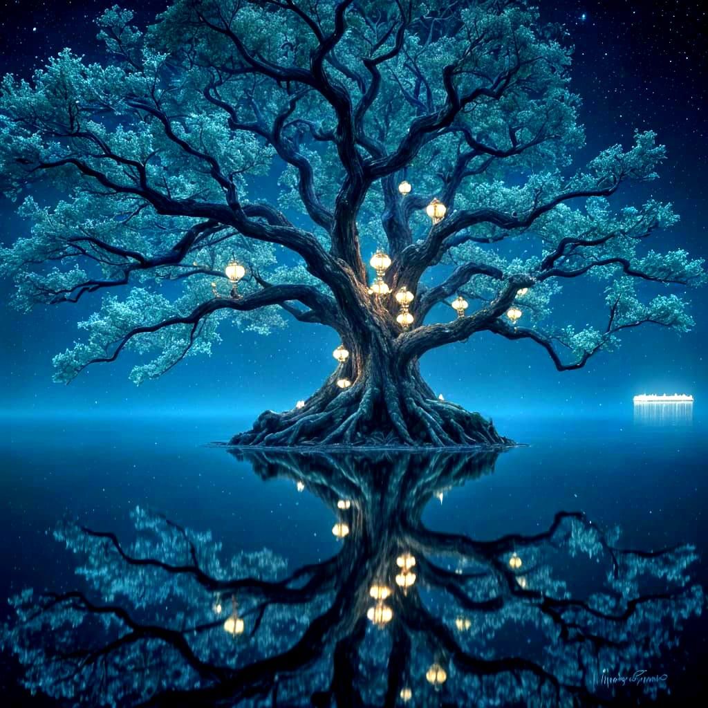Mallorn Tree Mirrored Under Starlight: Fantasy Concept Art