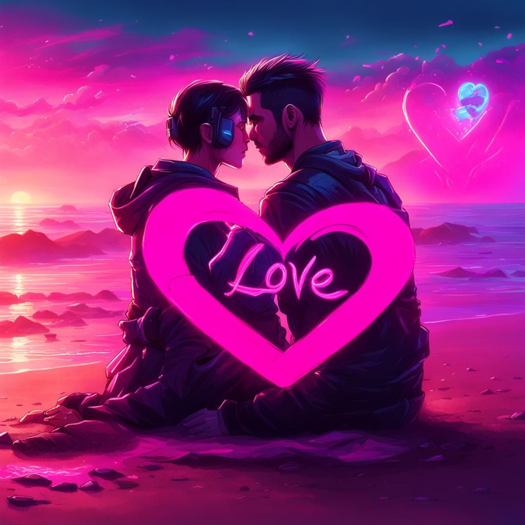 Cyberpunk Beach Scene with Heart and Text