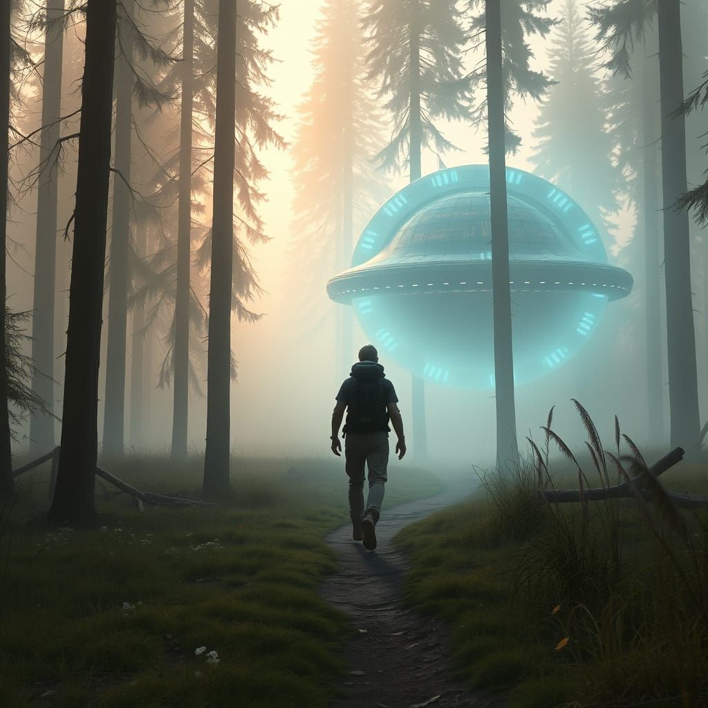 Hiker's Encounter with Alien Craft in Atmospheric Landscape