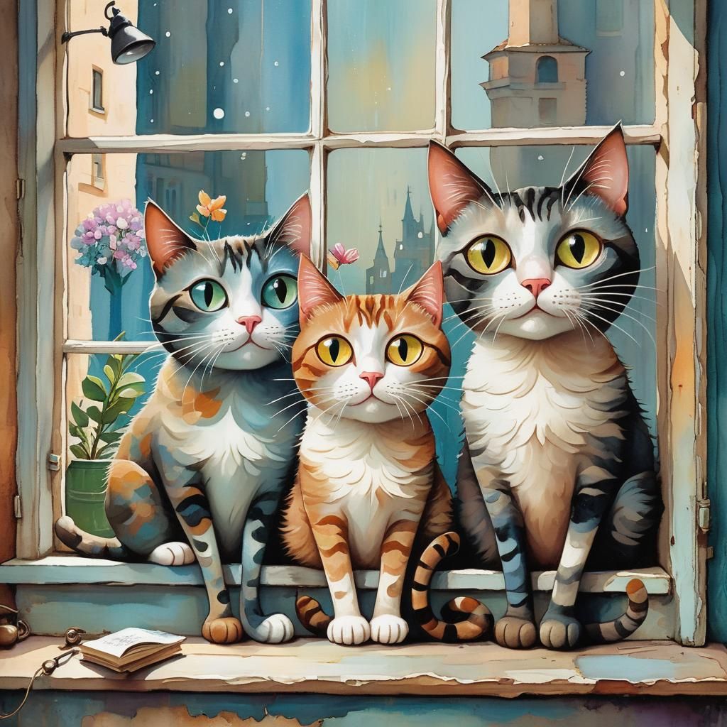 Whimsical Cats with Shiny Eyes on Windowsill