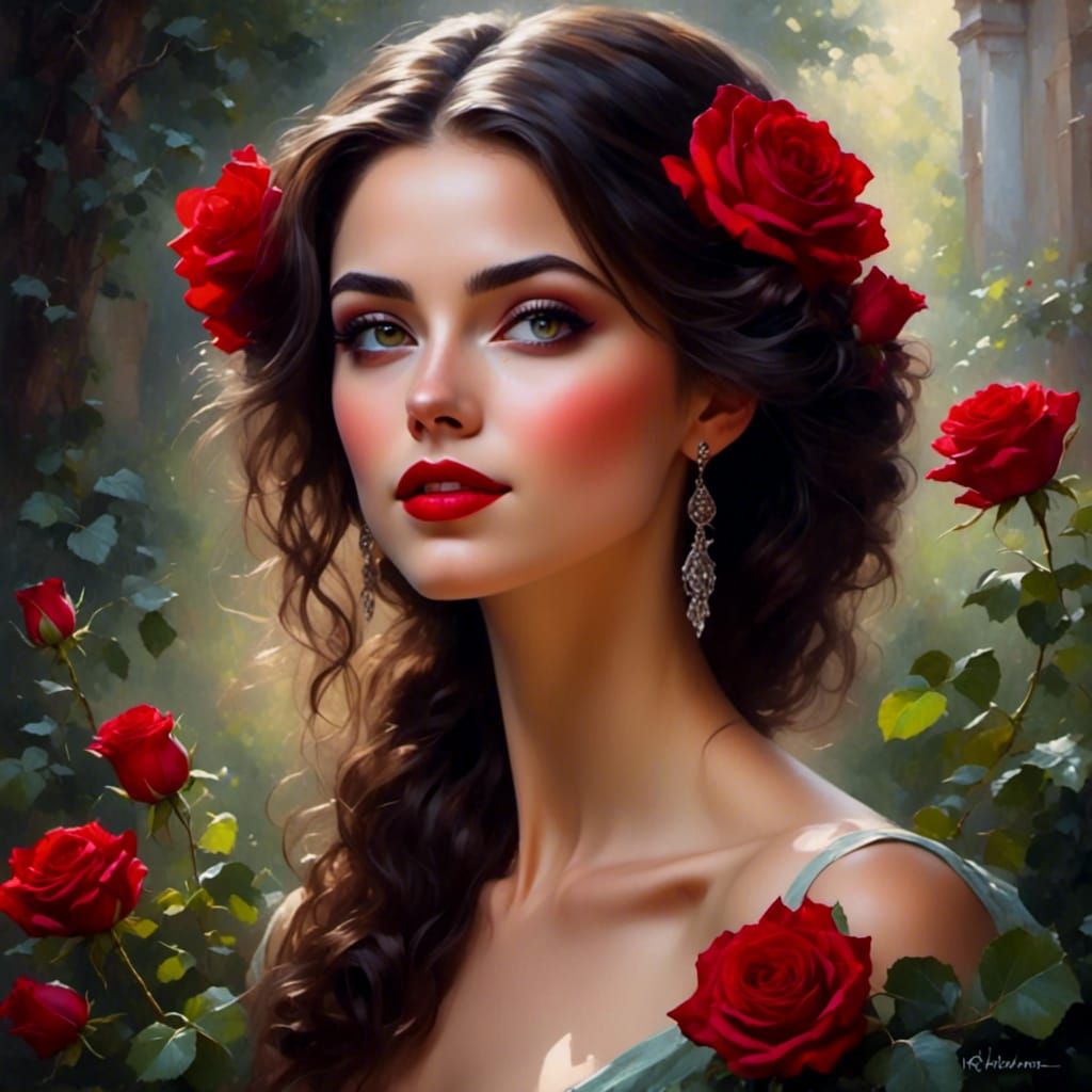 Brunette Portrait with Rose: AI Generated Image