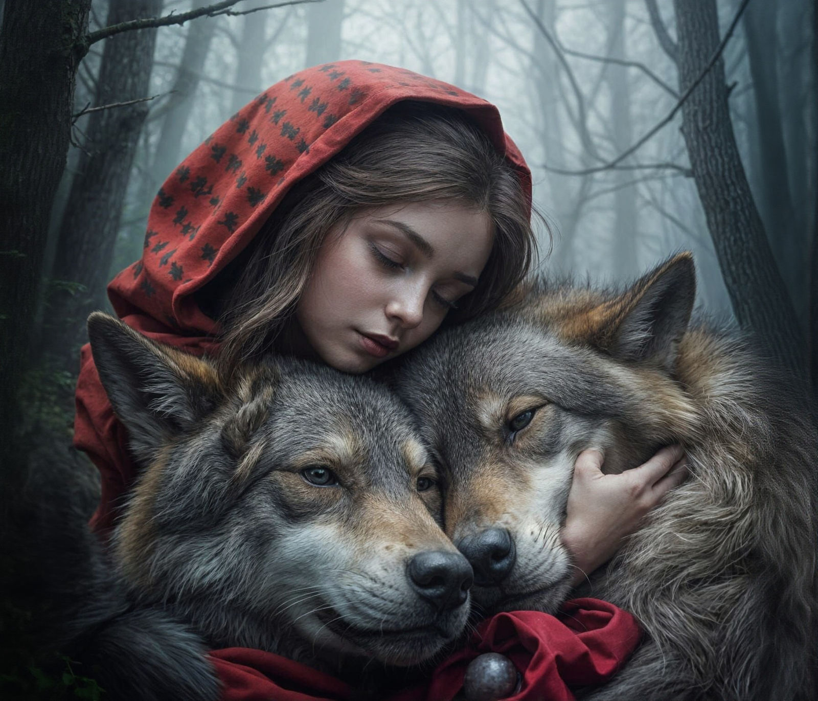 Little Red Riding Hood Sleeps With Wolf in Foggy Forest
