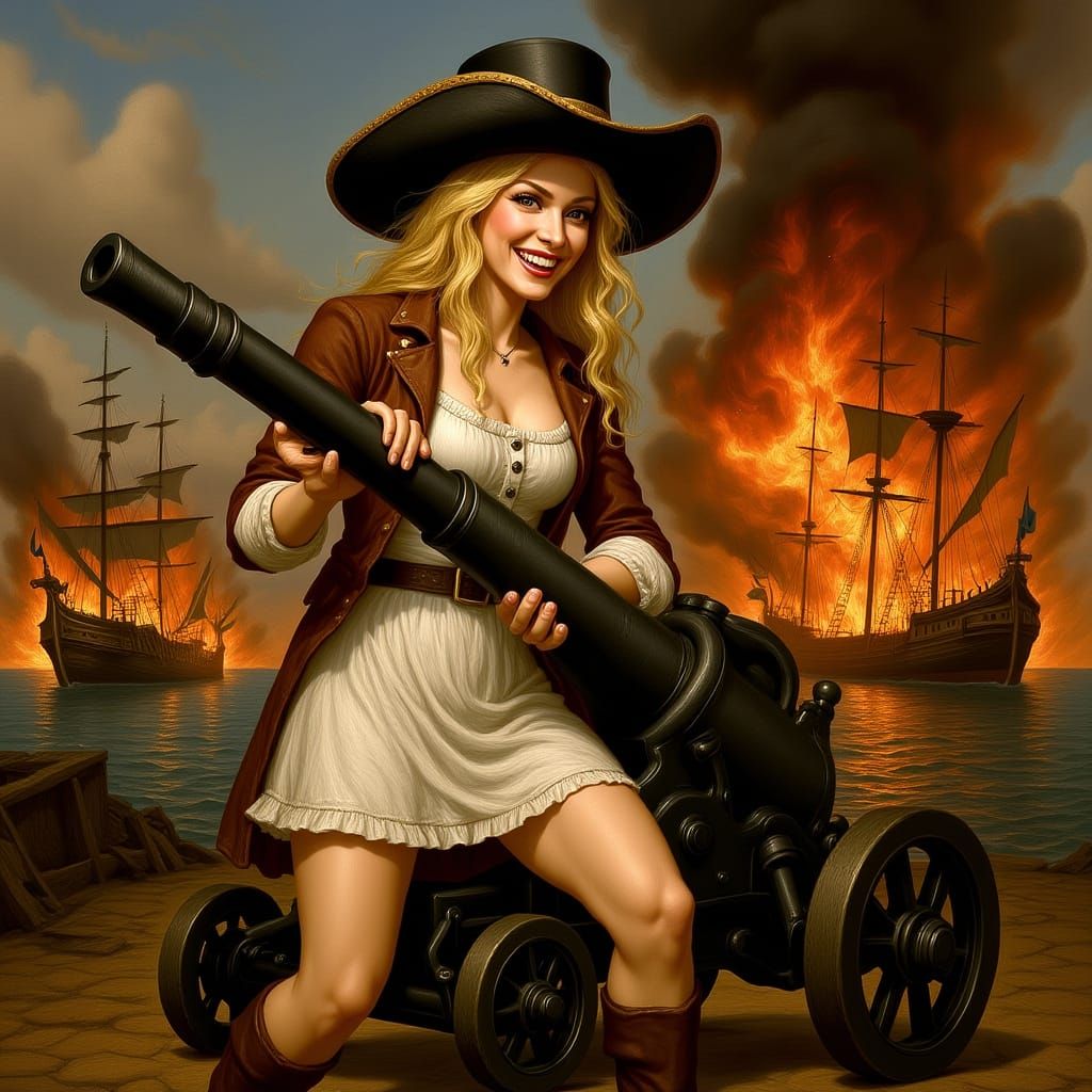 Pirate Lady Fires Cannon in Burning New Orleans Harbor