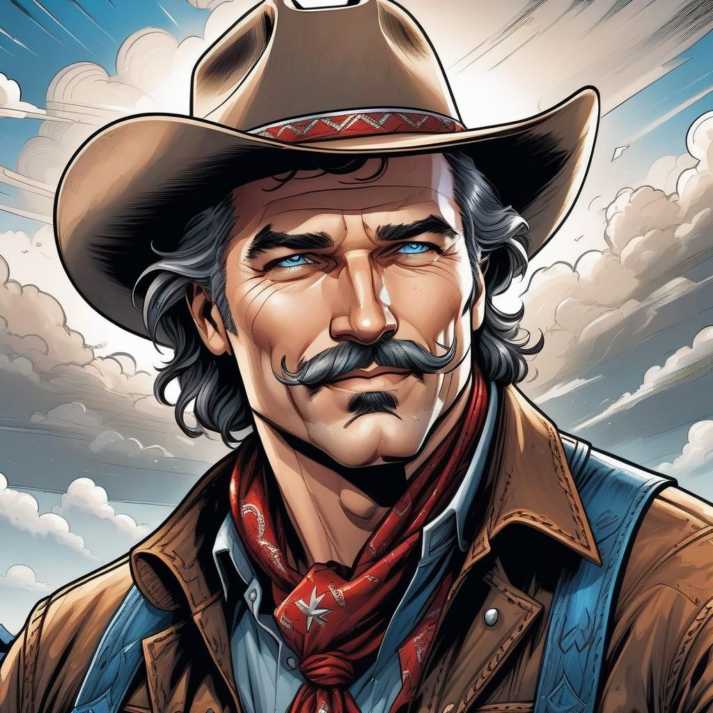 Comic Book Portrait of Smiling Man with Cowboy Hat