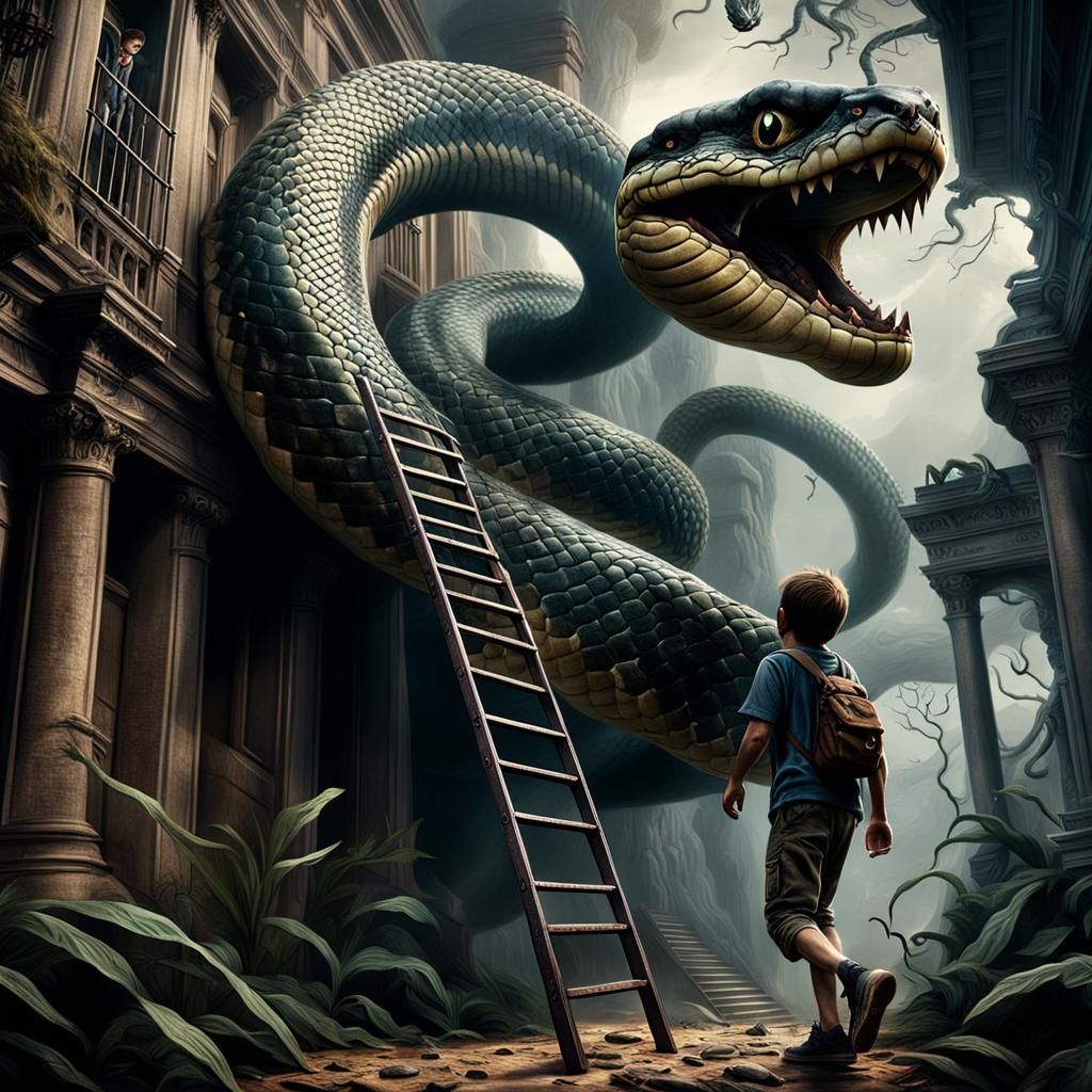 Boy Escapes Giant Snake on Ladder: Dramatic Digital Painting