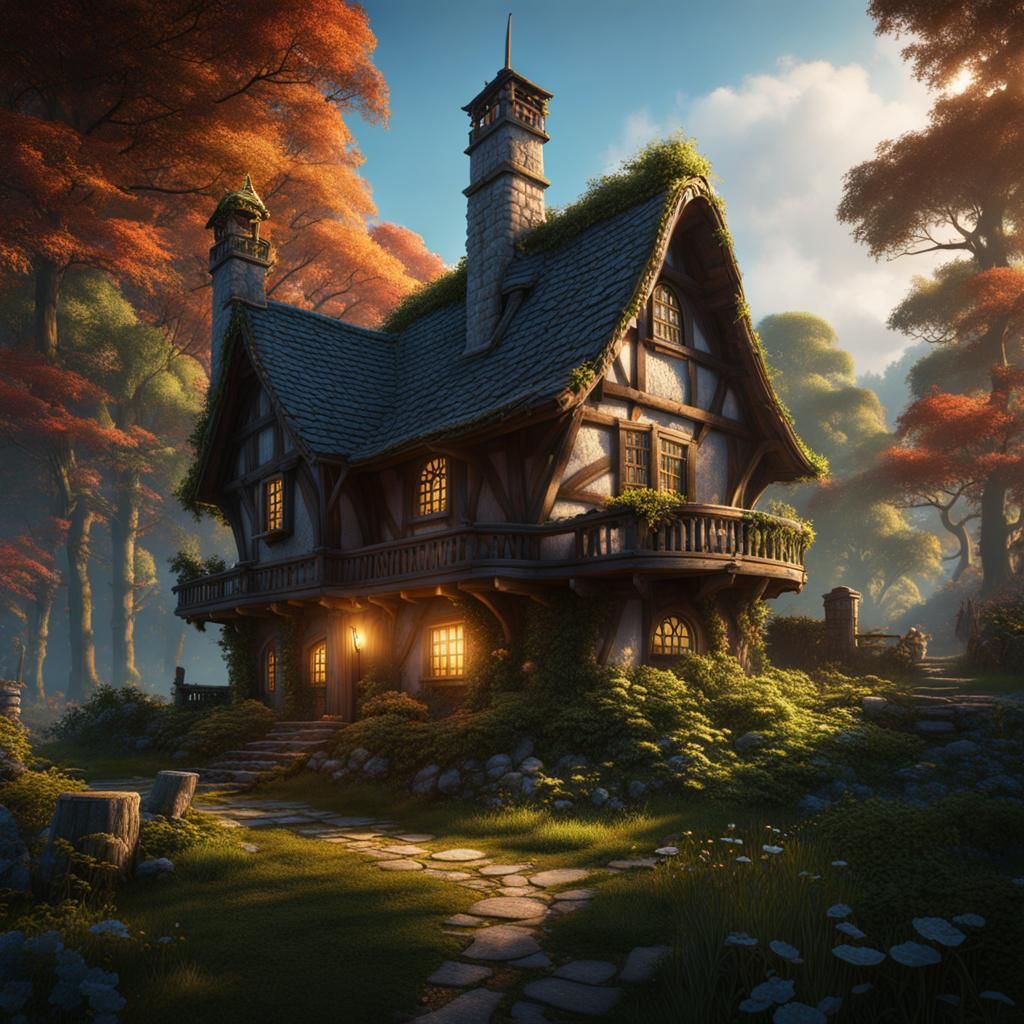 Fantasy Cottage in Forest: Detailed Matte Painting