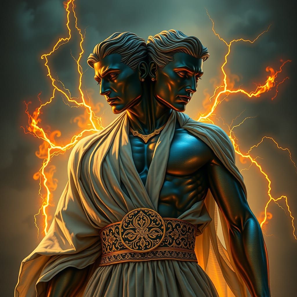 Majestic Dual-Faced Figure in Ancient Linen and Gold