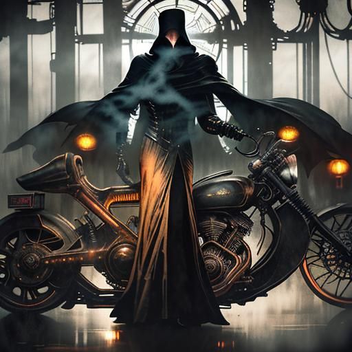 A wizard riding a futuristic motorcycle. Eldritch Edward Hop...