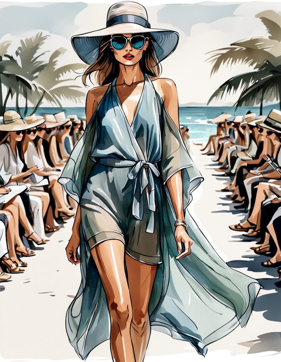 Runway Model in Elegant Beachwear, Cartoon Style