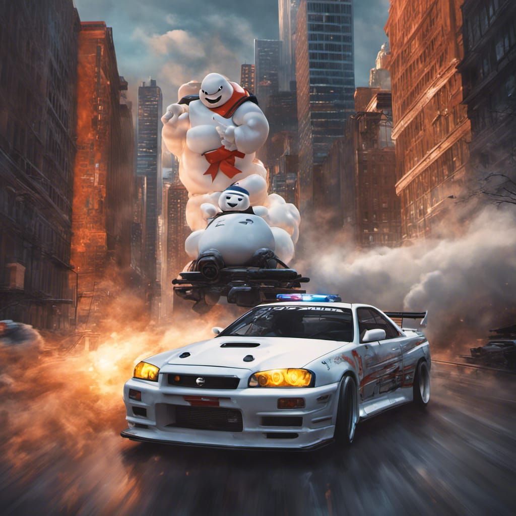 Stay Puft Driving GTR in Detailed Digital Art
