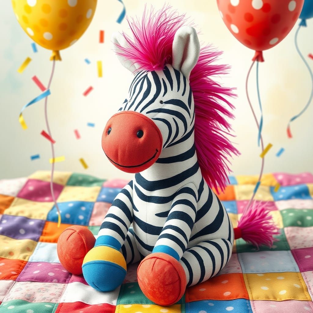 Whimsical Stuffed Zebra Toy in Children's Book Style