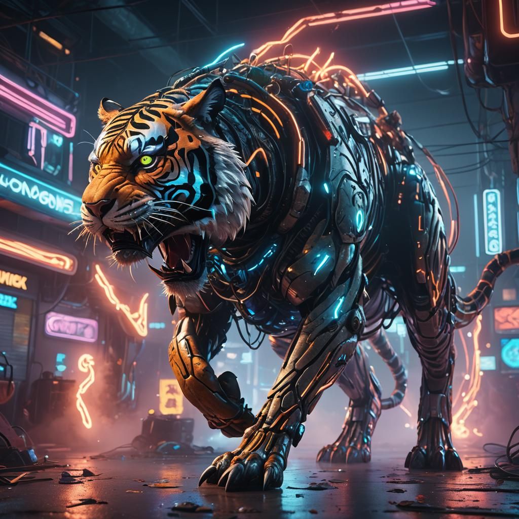Cybernetic Tiger Shark Fusion in Neon Cityscape