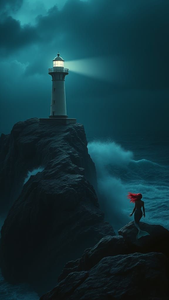 Lighthouse Beacon in Stormy Night with Mermaid