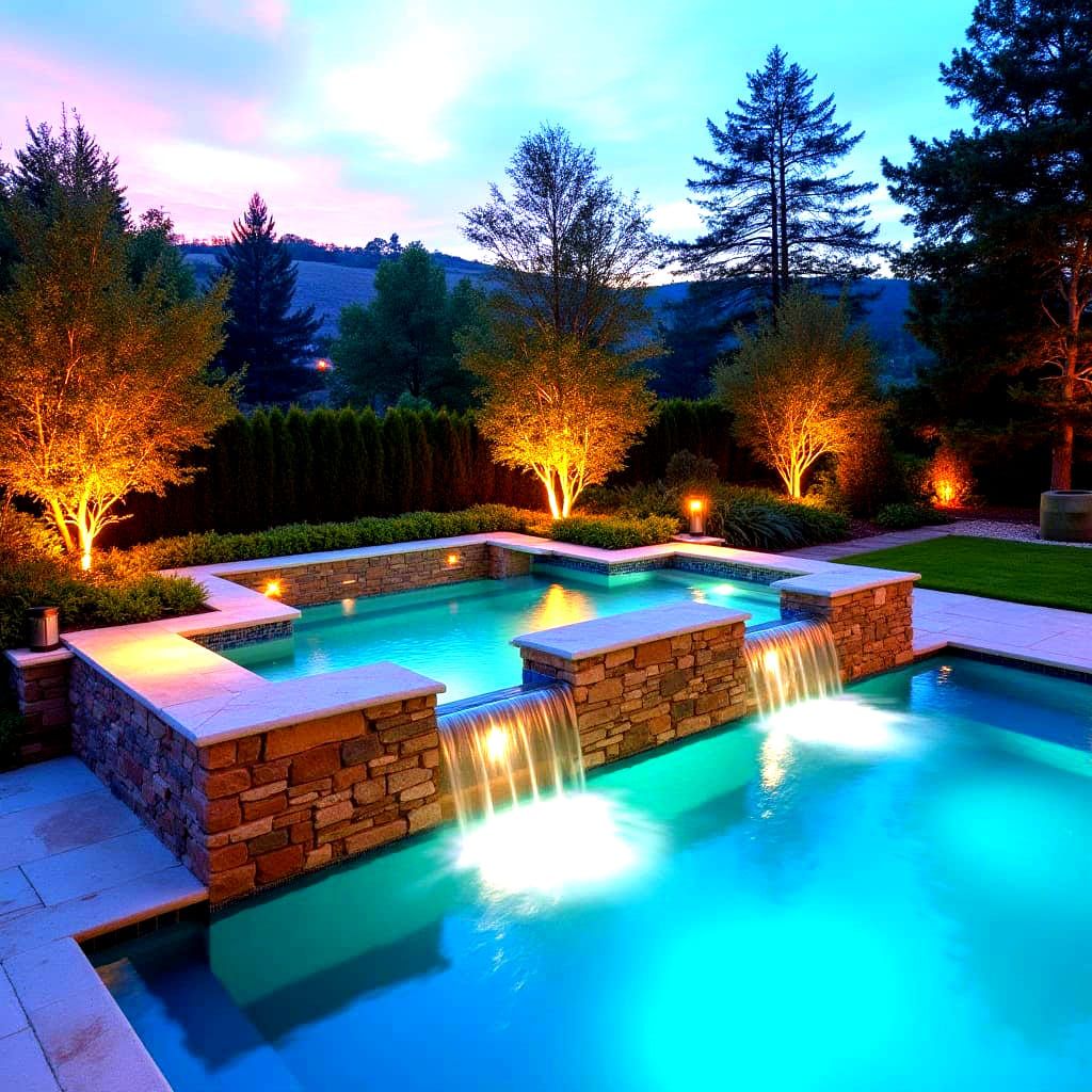 Luxurious Spa Pool with Double Waterfall at Sunset