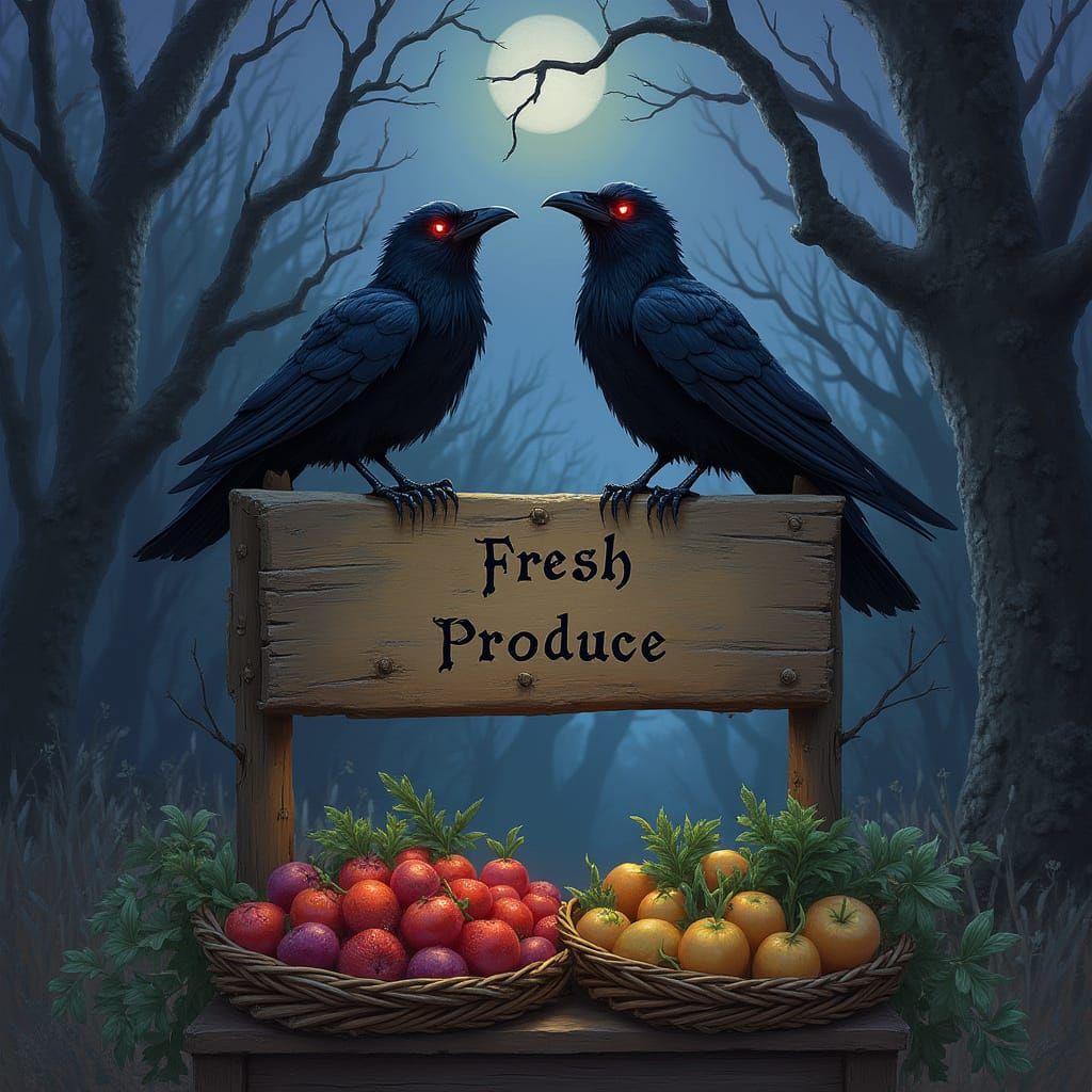 Ravens Guarding Bioluminescent Produce at Twilight