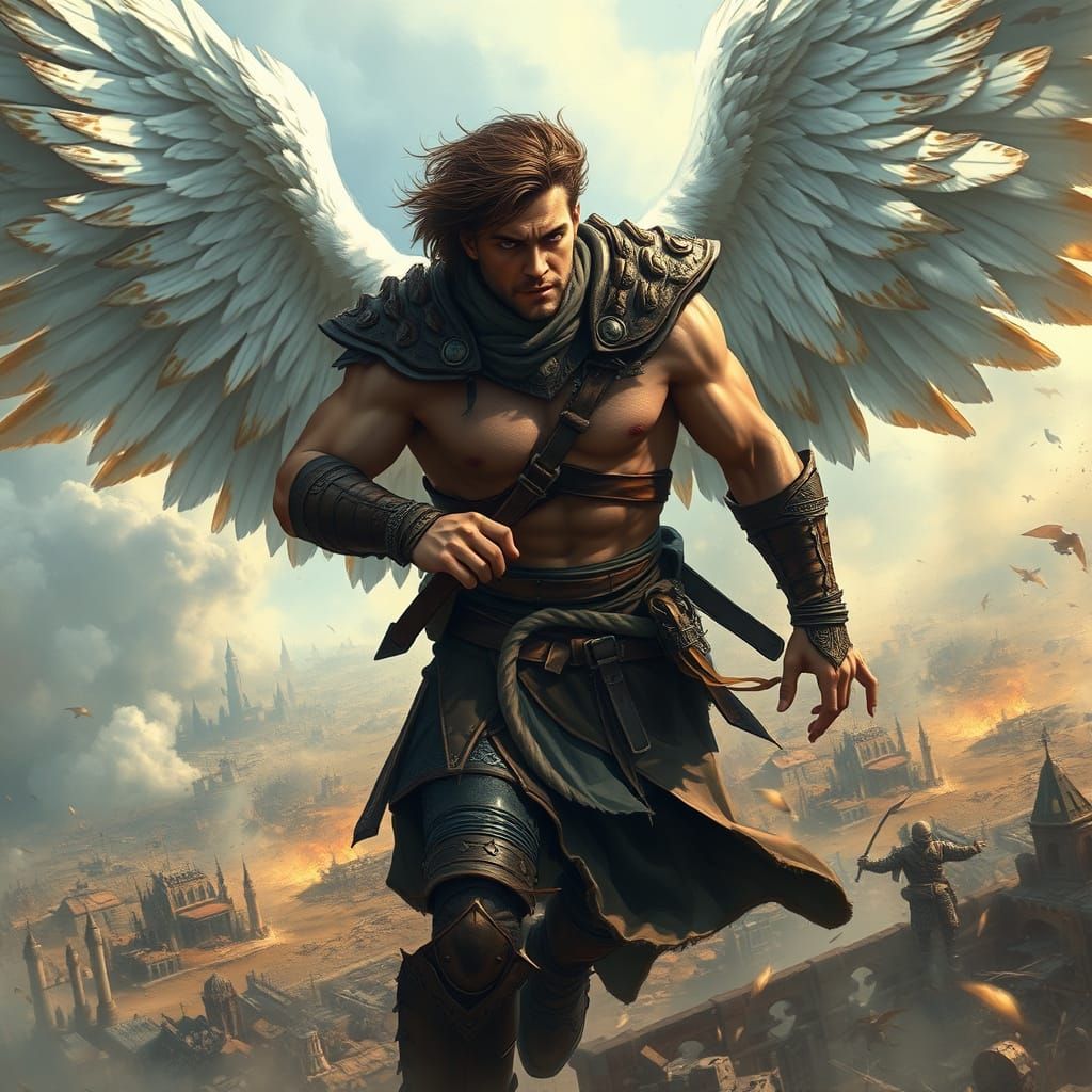 Winged Warrior Soars Over Devastated Battlefield