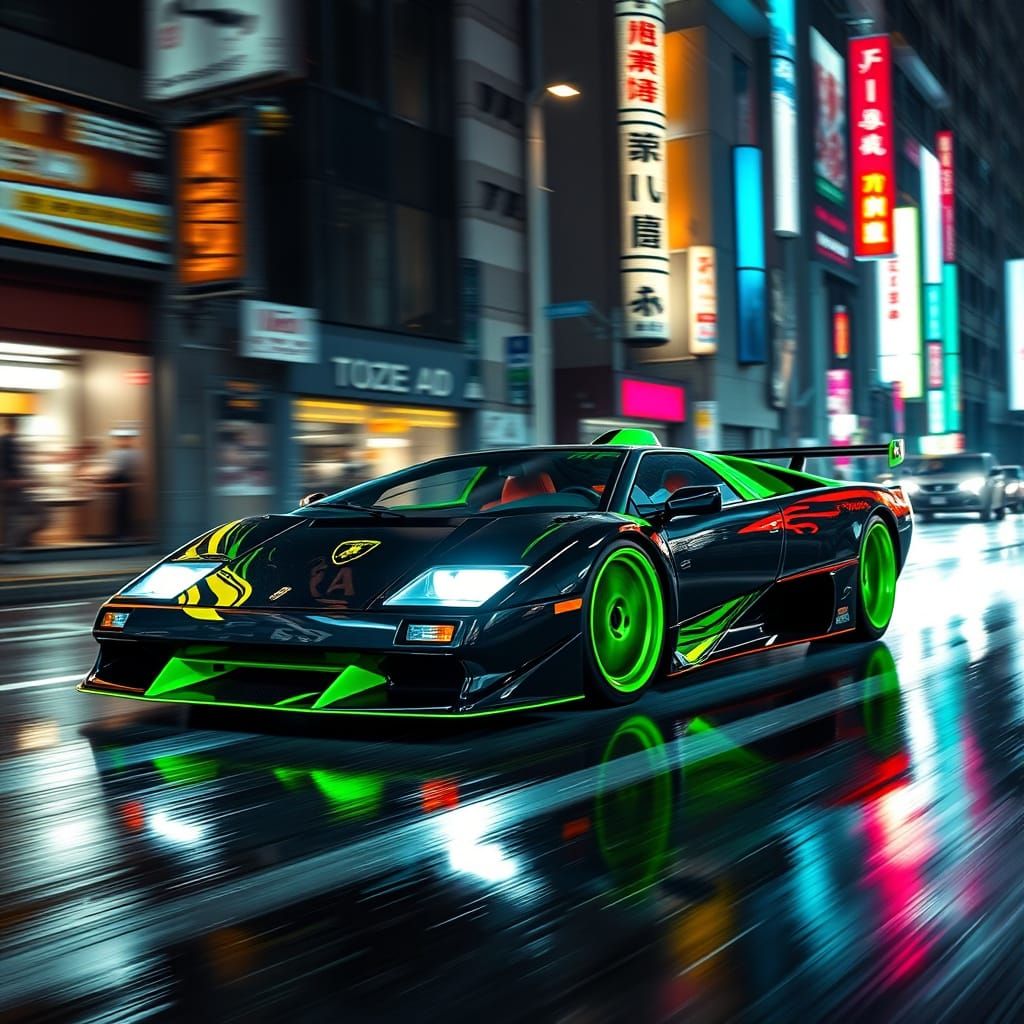 Cyberpunk Lamborghini Diablo Liberty Walk Speeding Through T...