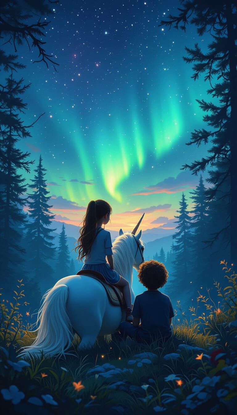 Children Ride Unicorn Under Aurora Borealis
