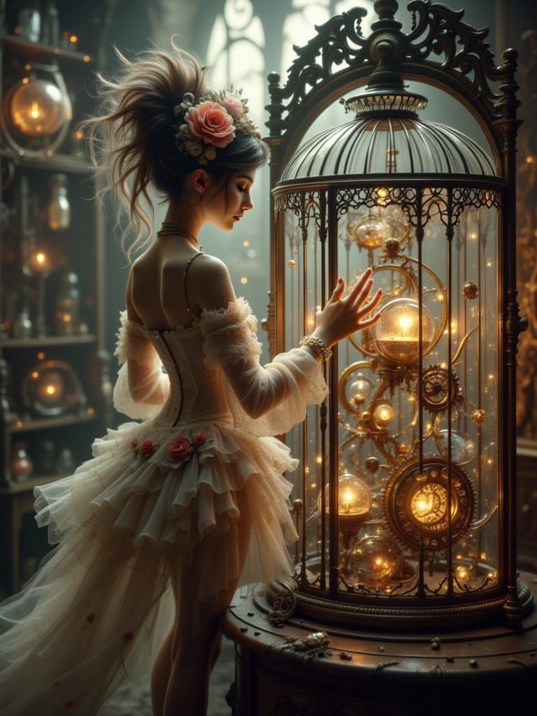 Steampunk Girl Beside Ornate Gear-Filled Birdcage