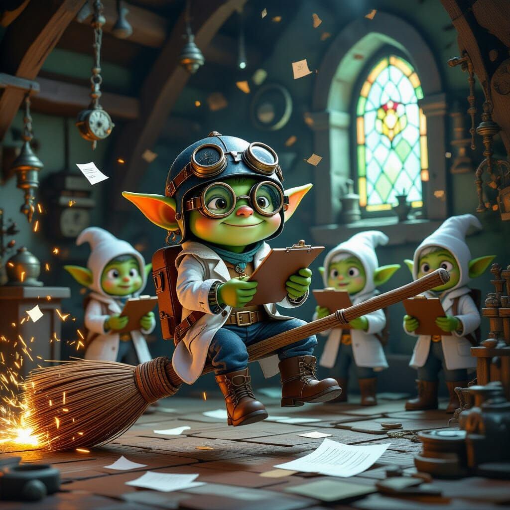 Goblin Testing Witchcraft Equipment in Steampunk Workshop