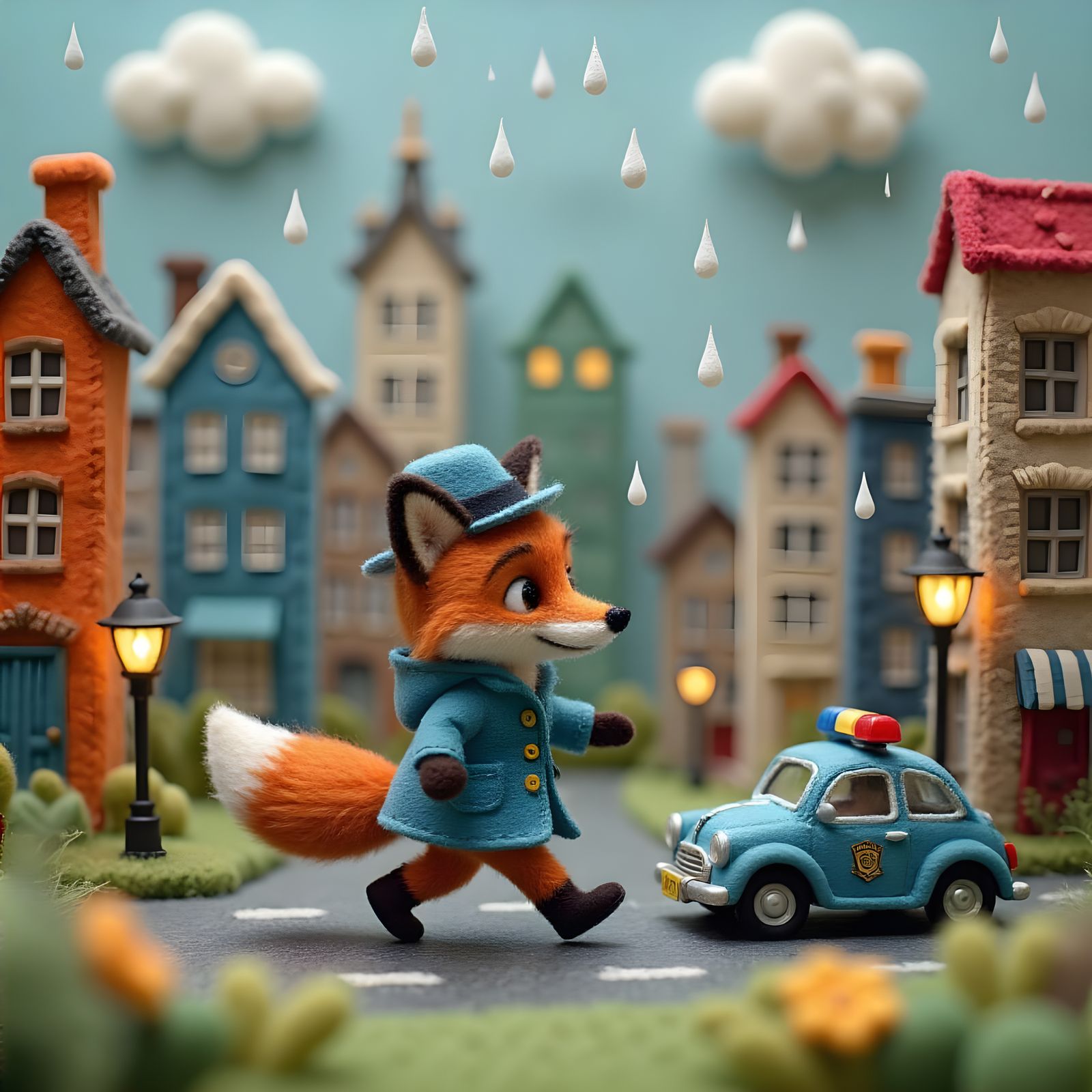 Felt Fox Escape Through Stylized Felt Cityscape