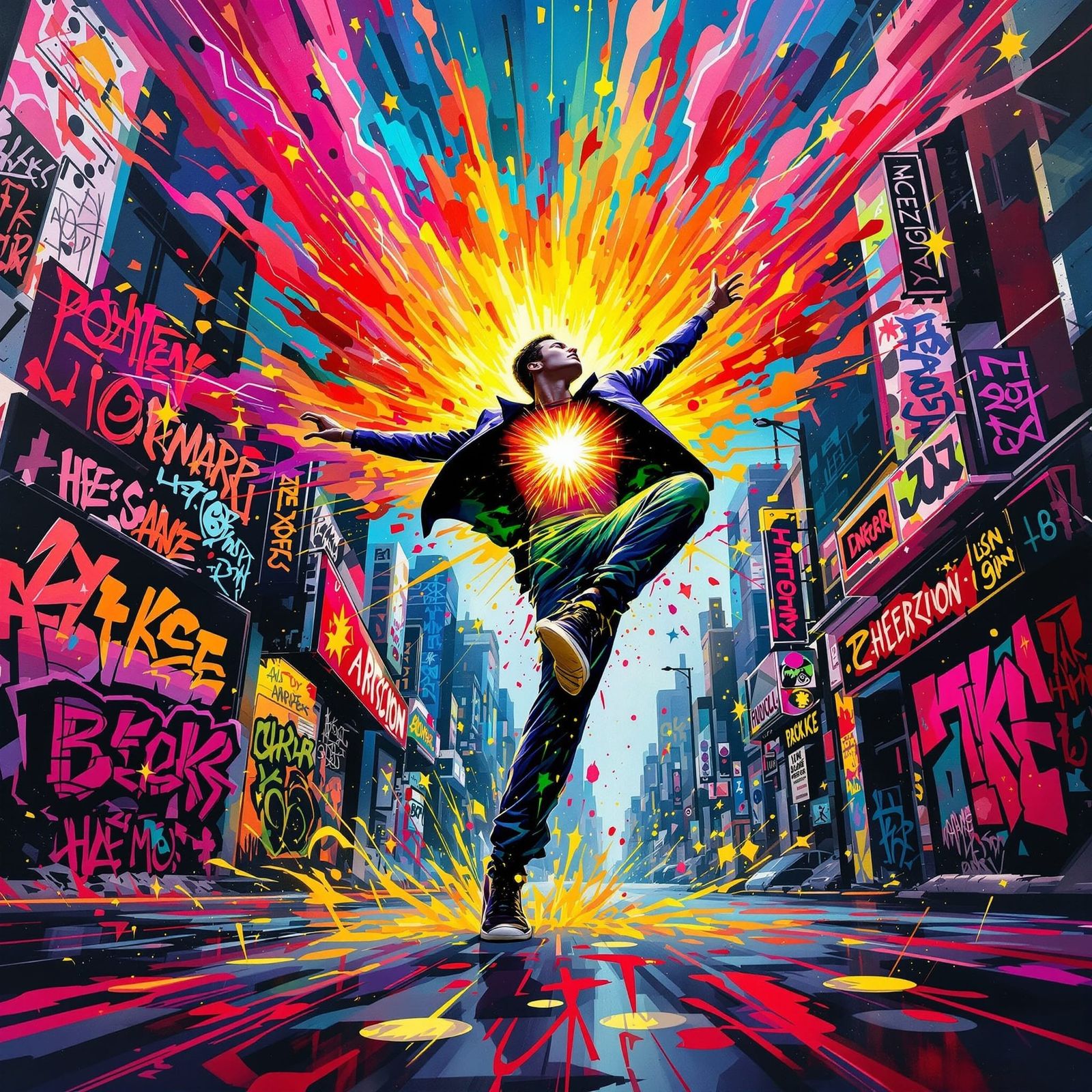 Dynamic Dancer in Vibrant Cityscape Street Art
