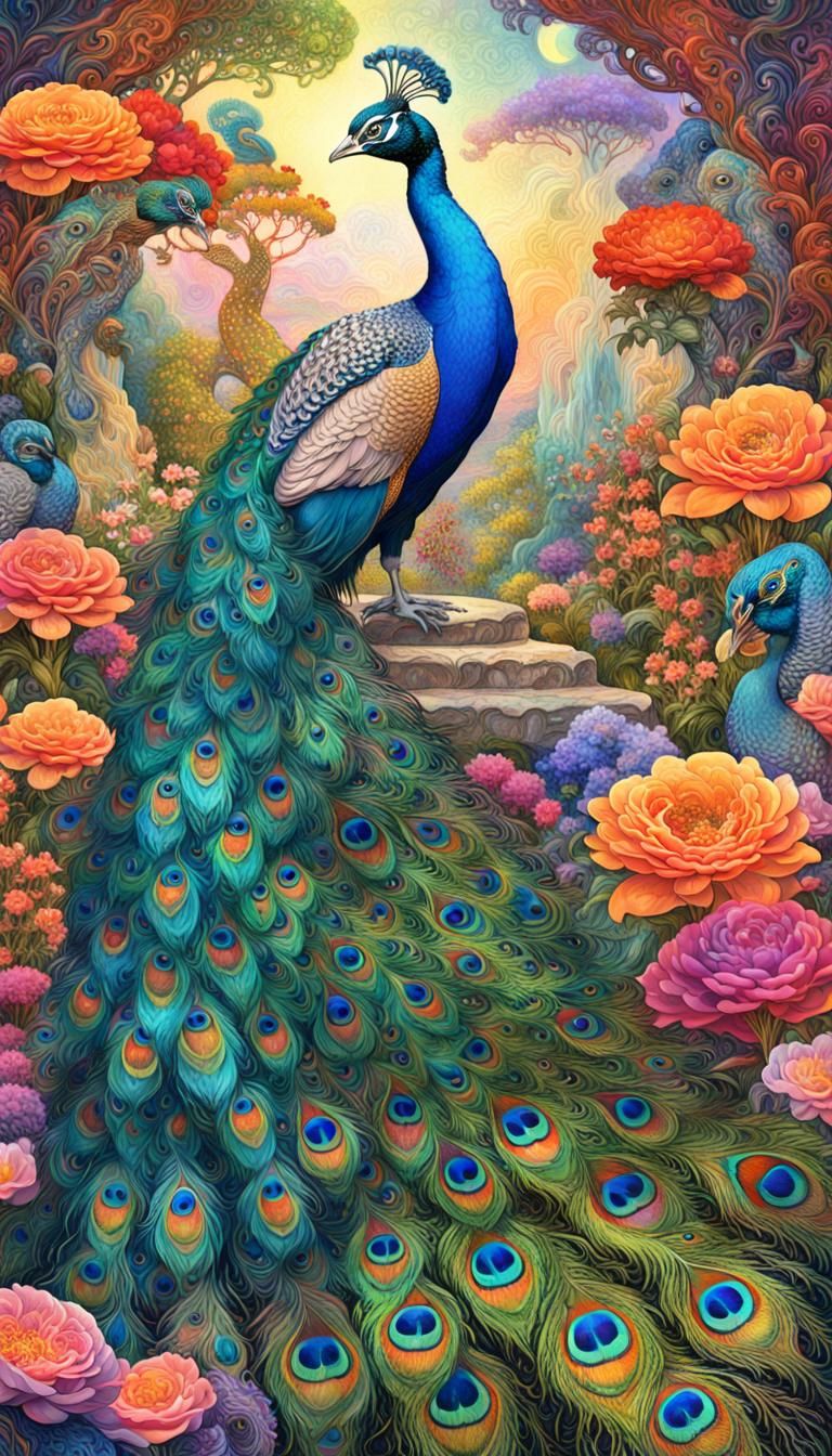 Double Exposure conceptional art collage of Josephine Wall WLOP Alphonso Mucha chaotic polychromatic Elegant peacocks st...