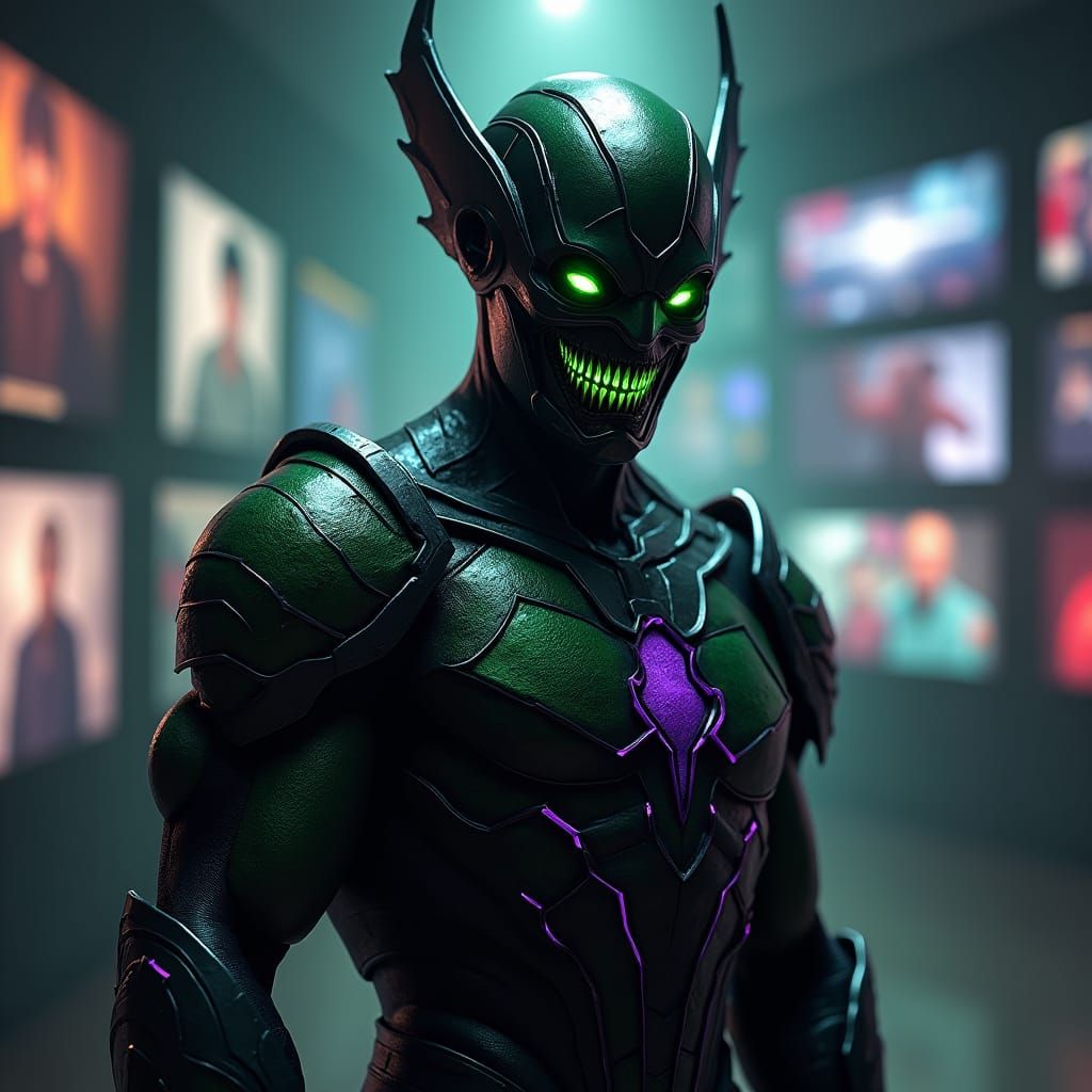 Hyperrealistic Goblin Supervillain in Metallic Armor