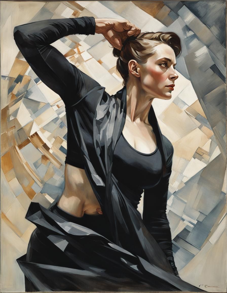 Woman Flexing Arm in Art Nouveau Style