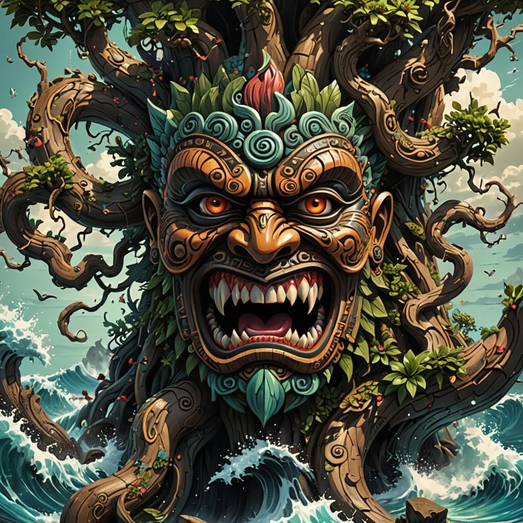 Angry Tiki Floating Above Bonsai Tree, Hyperrealistic Art