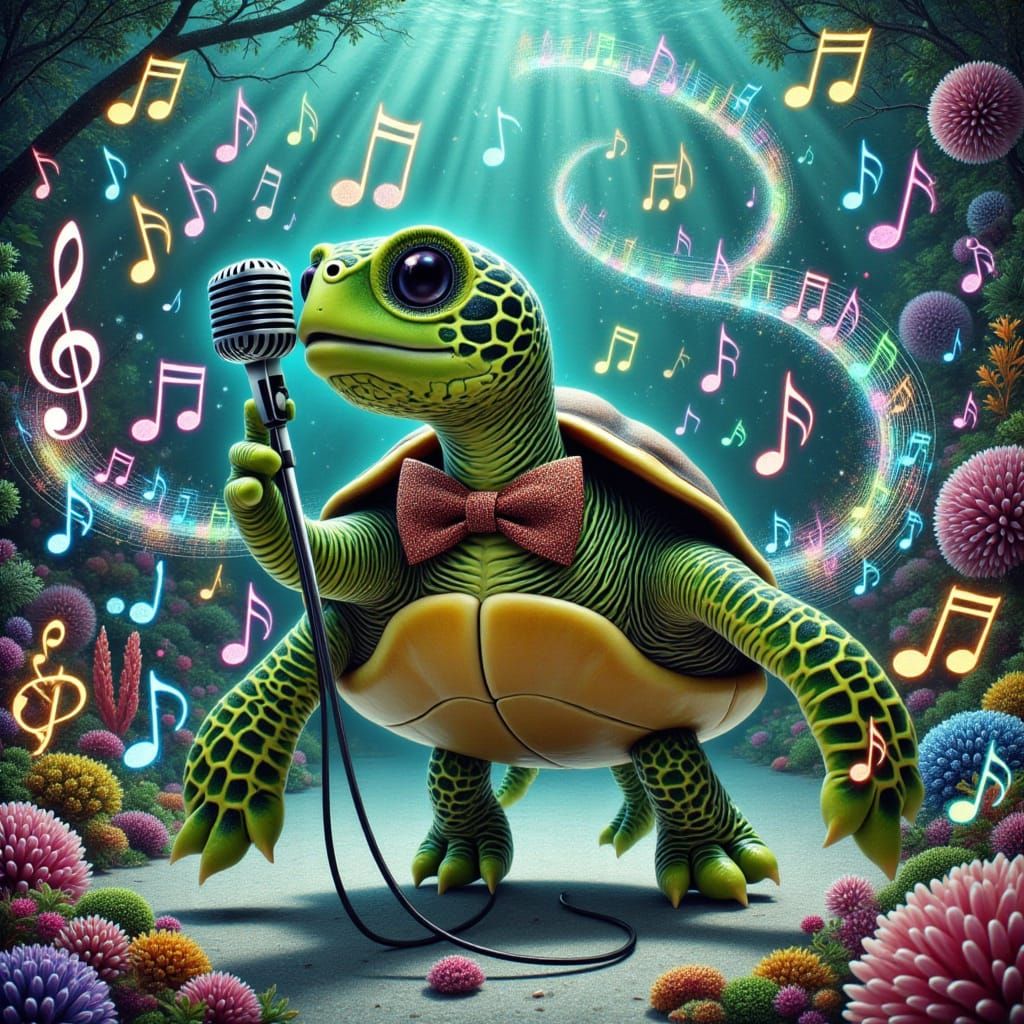 Singing Turtle with Microphone: Whimsical Illustration