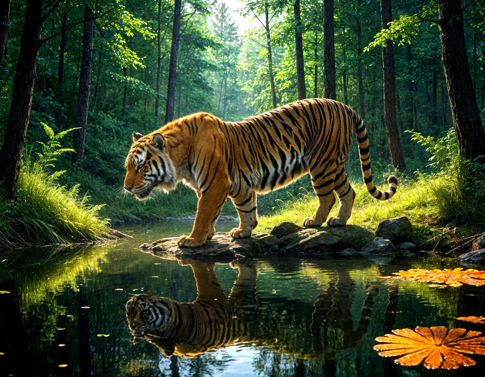 A Tiger in a Vibrant Green Forest, Caught in Perfect Reflect...