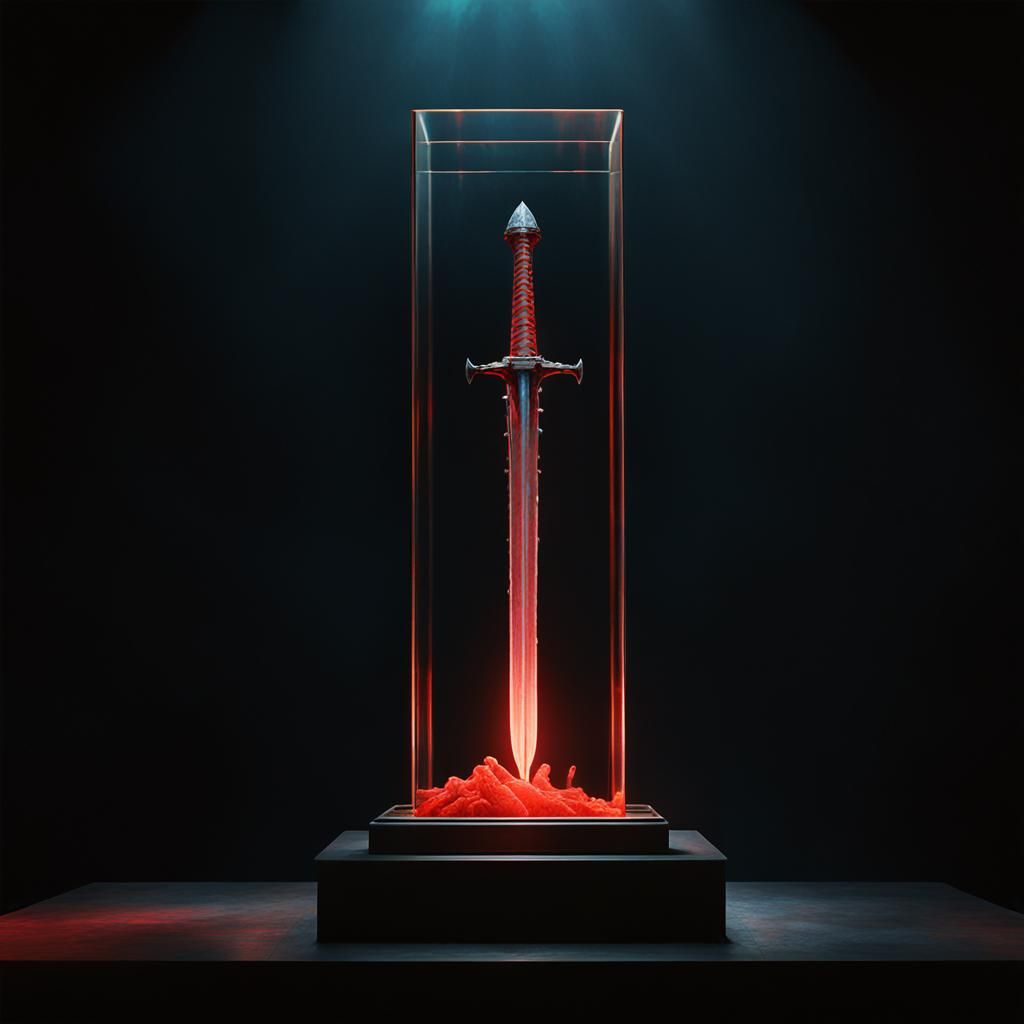 Glowing Red Sword in Glass Case: Fantasy Art