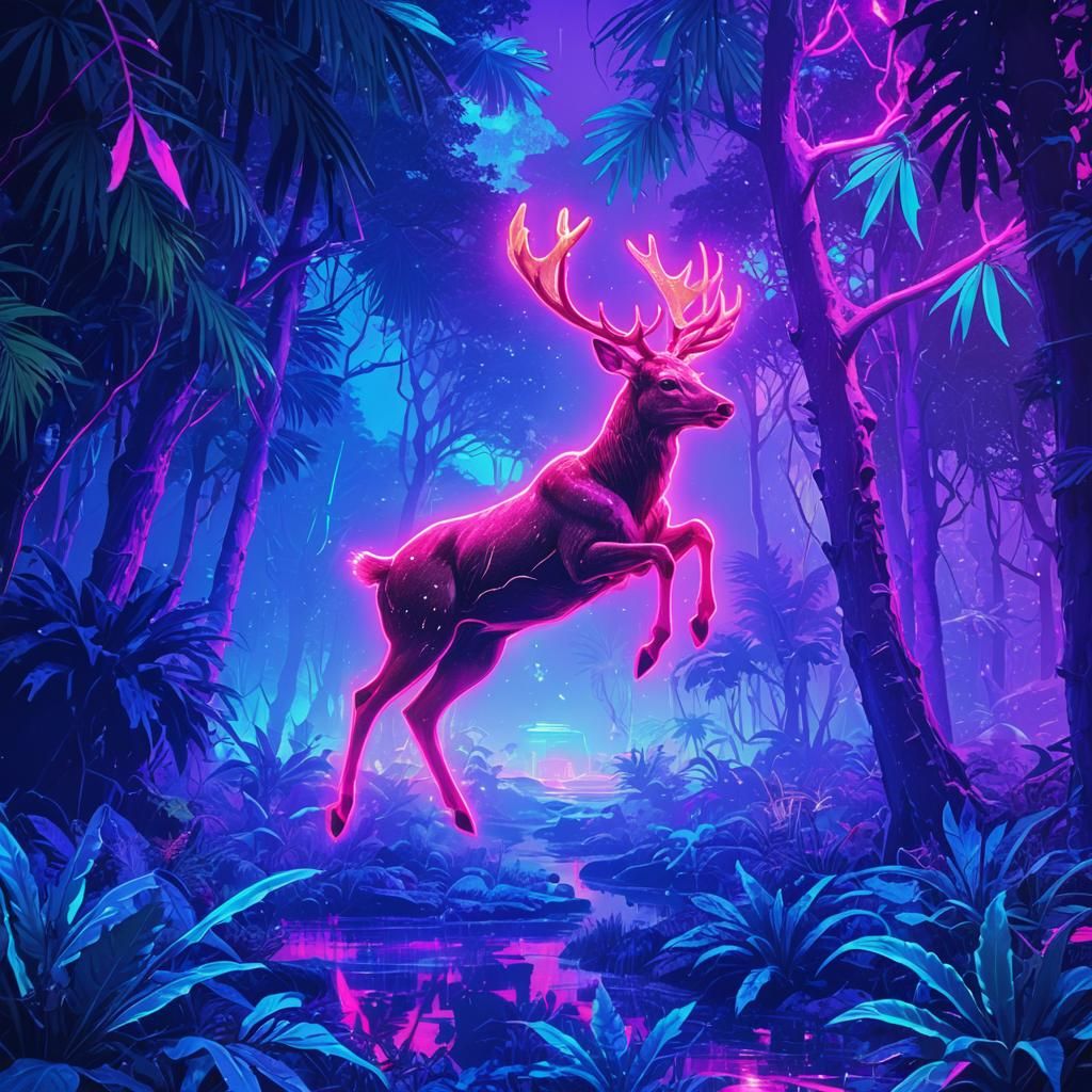 Neon Jungle Scene with Holographic Glitch Art