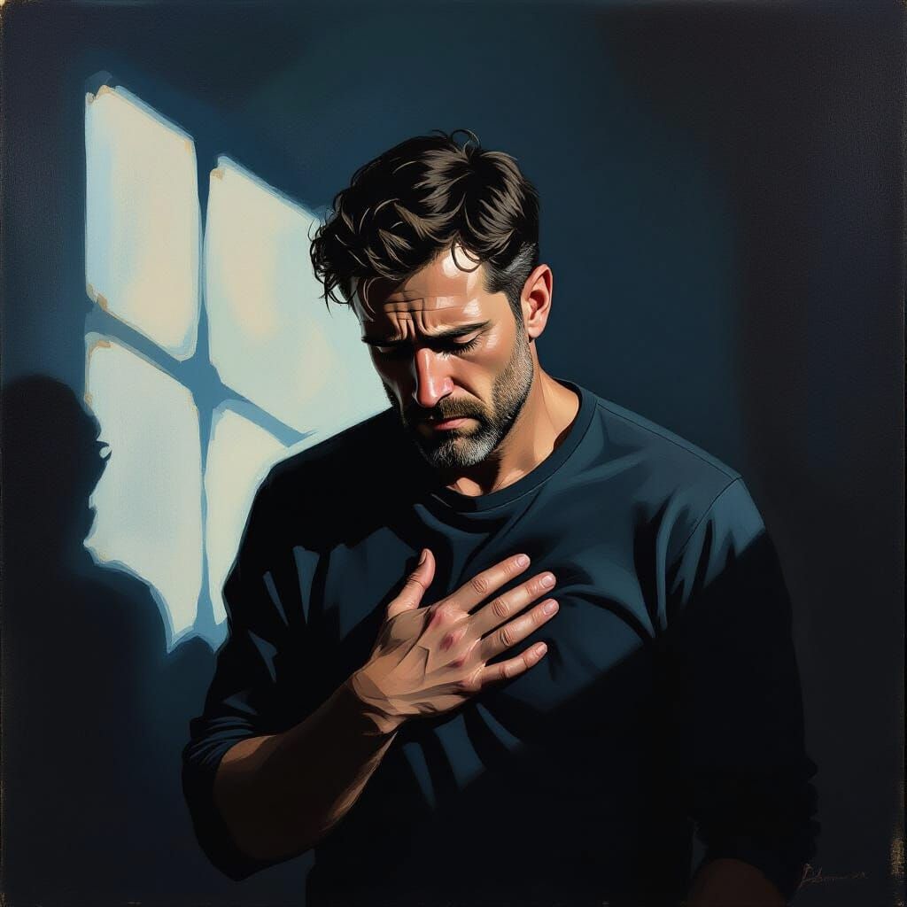 Father's Heartbreak in Dimly Lit Room