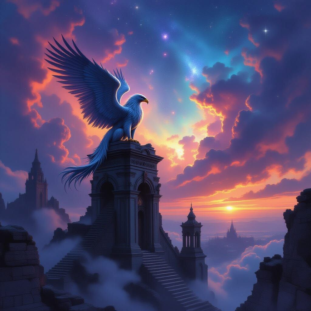 Griffin Over Ancient Observatory Surveying Nebula Sky