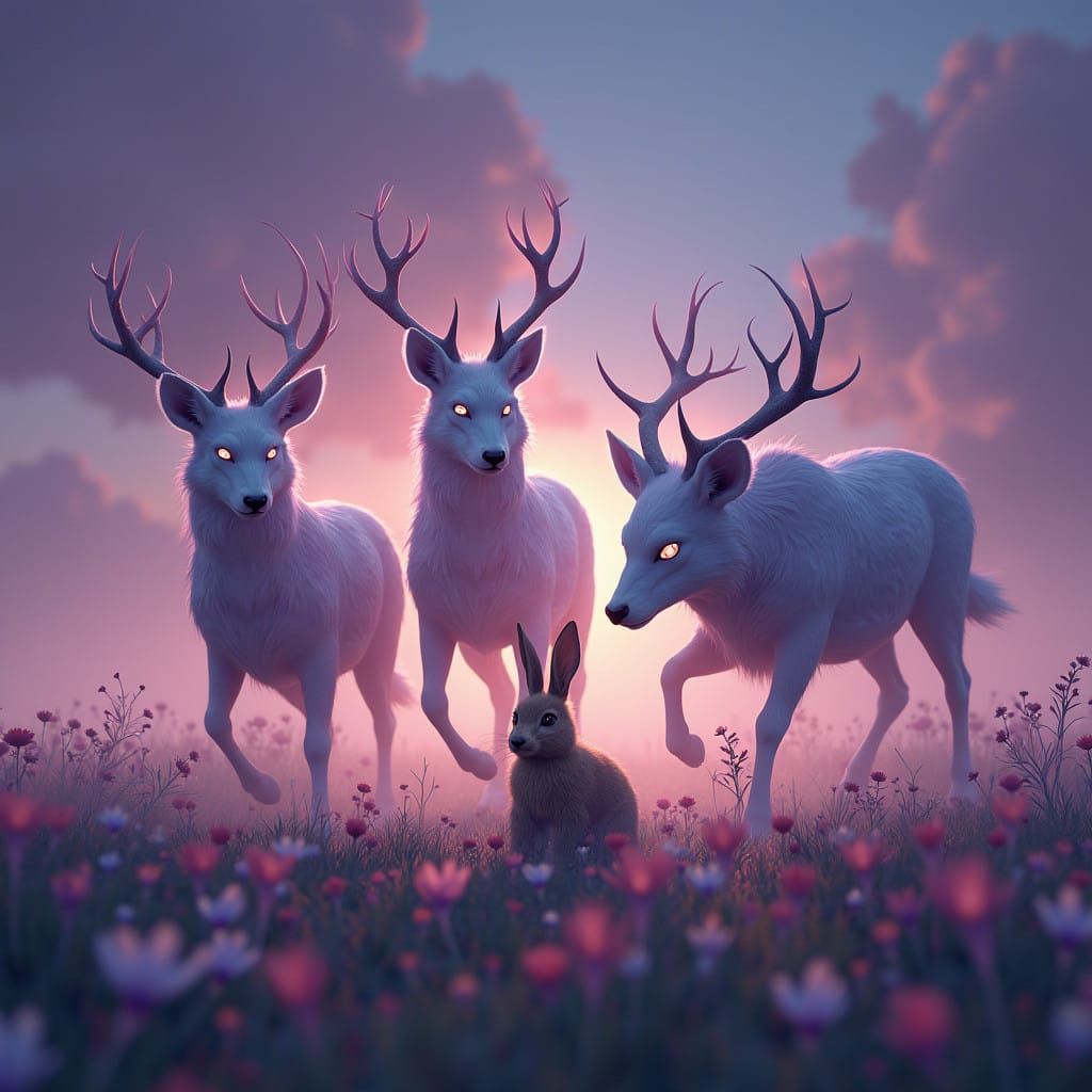 Lavender Deer Wolves Ambush Golden Bunny in Vibrant Fantasy...