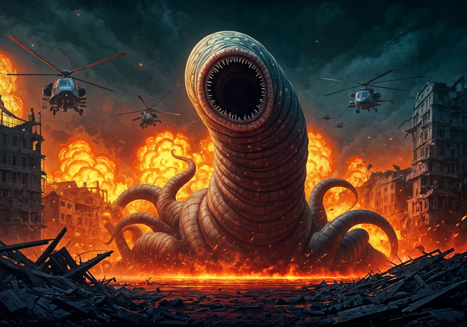 Eldritch Earthworm Horror in Devastated Townscape