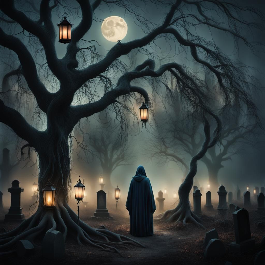 Eerie Surreal Portrait in a Moonlit Graveyard