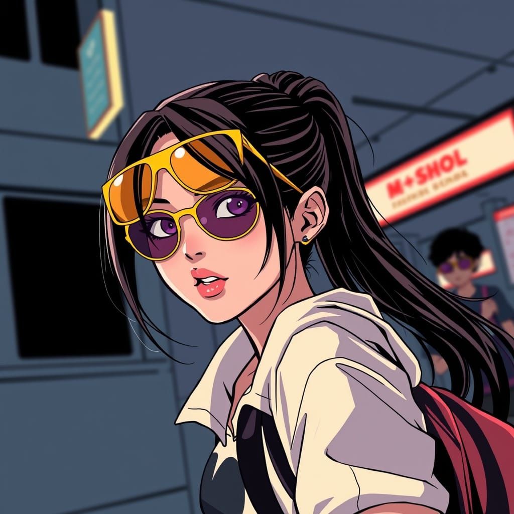 High School Girl with Sunglasses in Pop Art Film Noir