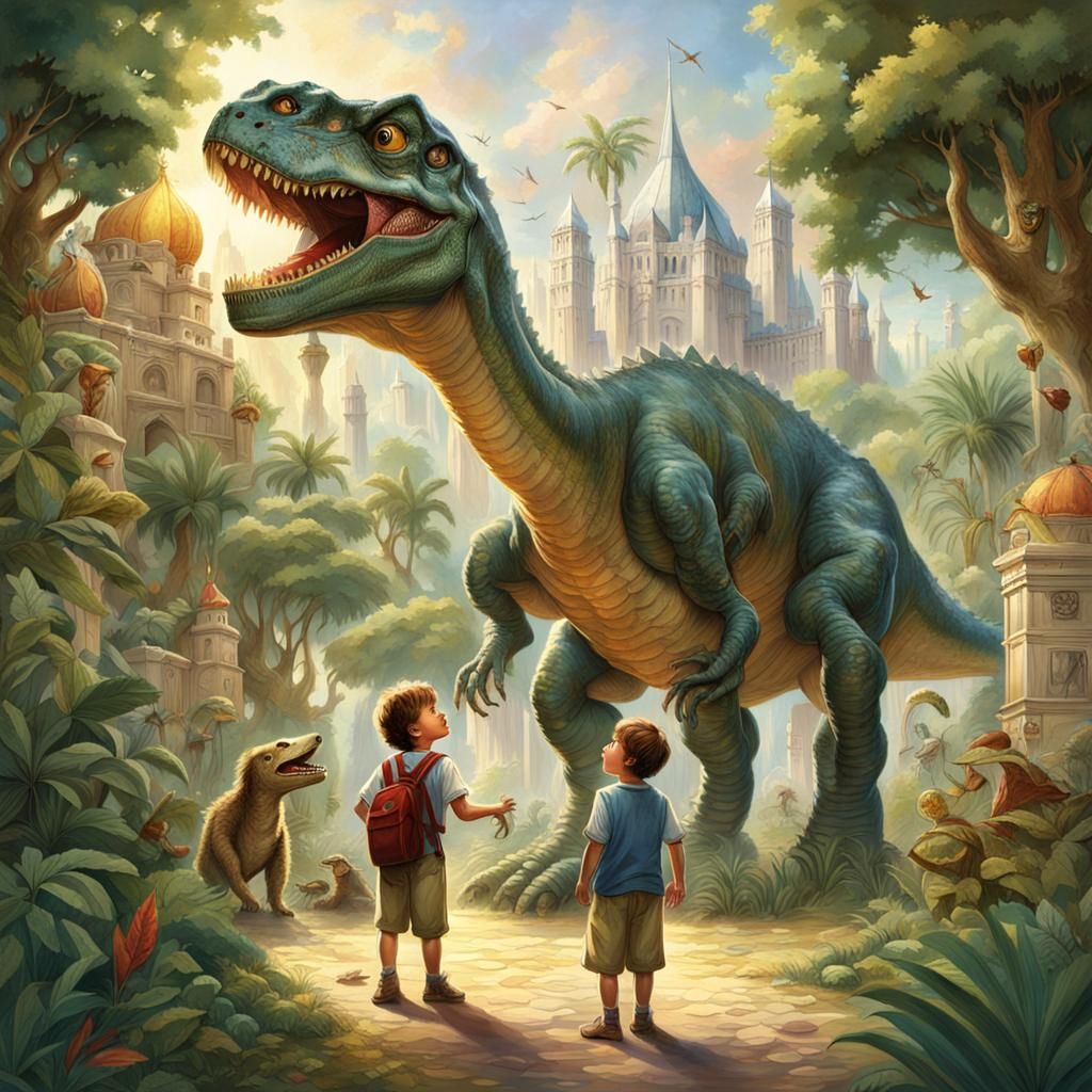 Boy and Dinosaur in Dinotopia: A Hyperrealistic Scene